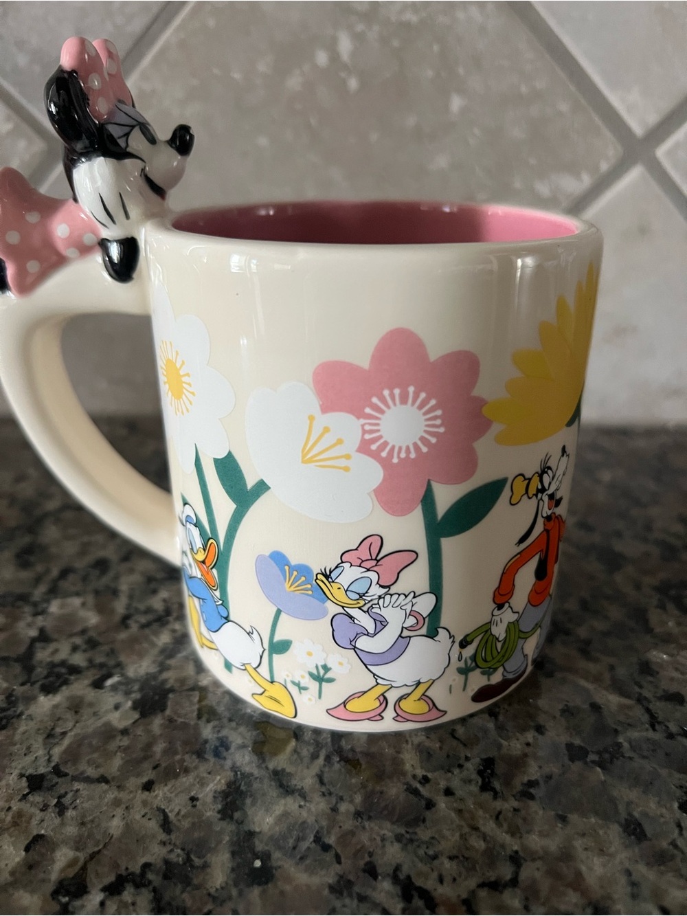 Disney Daisy Duck Floral Ceramic Mug - Cream Exterior Pink Interior